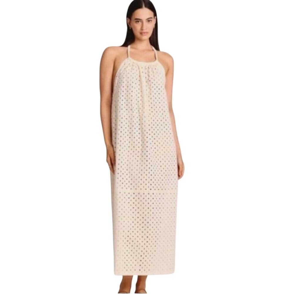 Vitamin A (S) Cream Eyelet Halter Maxi Cover-Up Dress - Low Back. Beachy